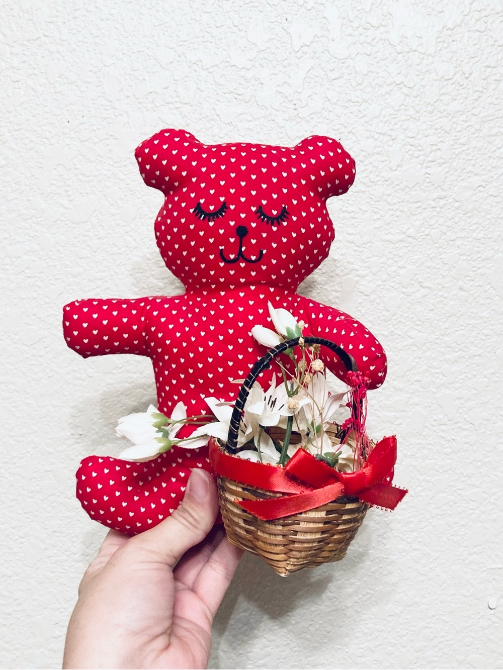 Adorable Vintage Red Hearts Cloth Handmade Teddy Bear Cottagecore Grandmacore